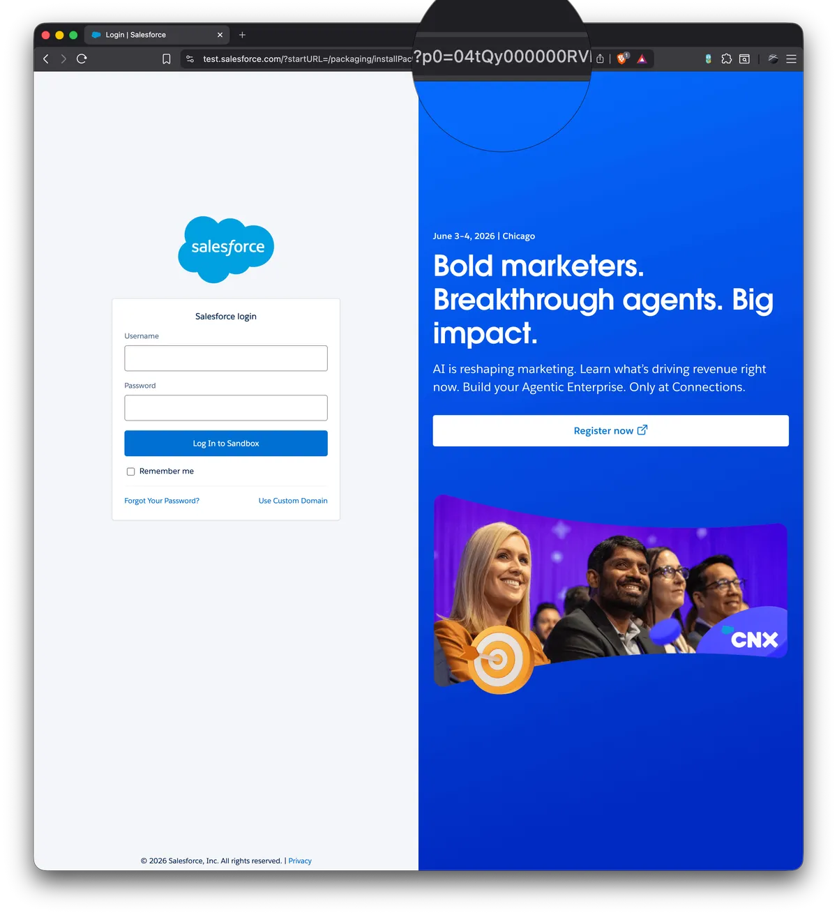 Salesforce login page showing the install URL with the 04t ID in the address bar